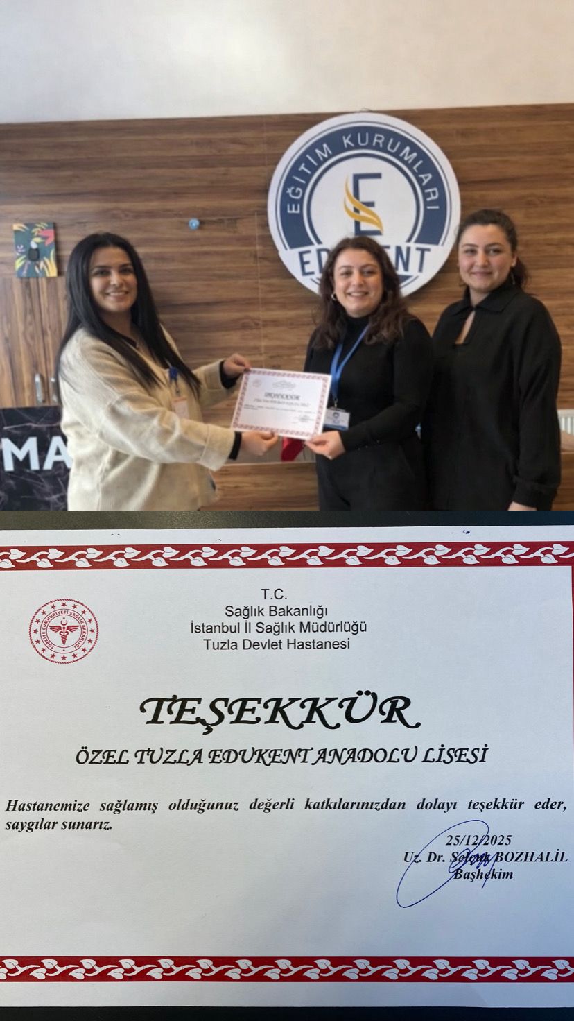 TUZLA DEVLET HASTANESİNDEN OKULUMUZA TEŞEKKÜR BELGESİ